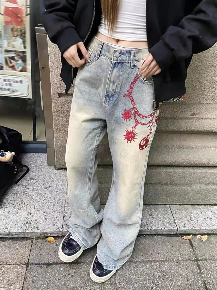 Women's Red Meteor Hammer Wide Leg Unisex Jeans Cool Girl Fashion Bottoms Loose Denim Trousers Female High Waist Pants