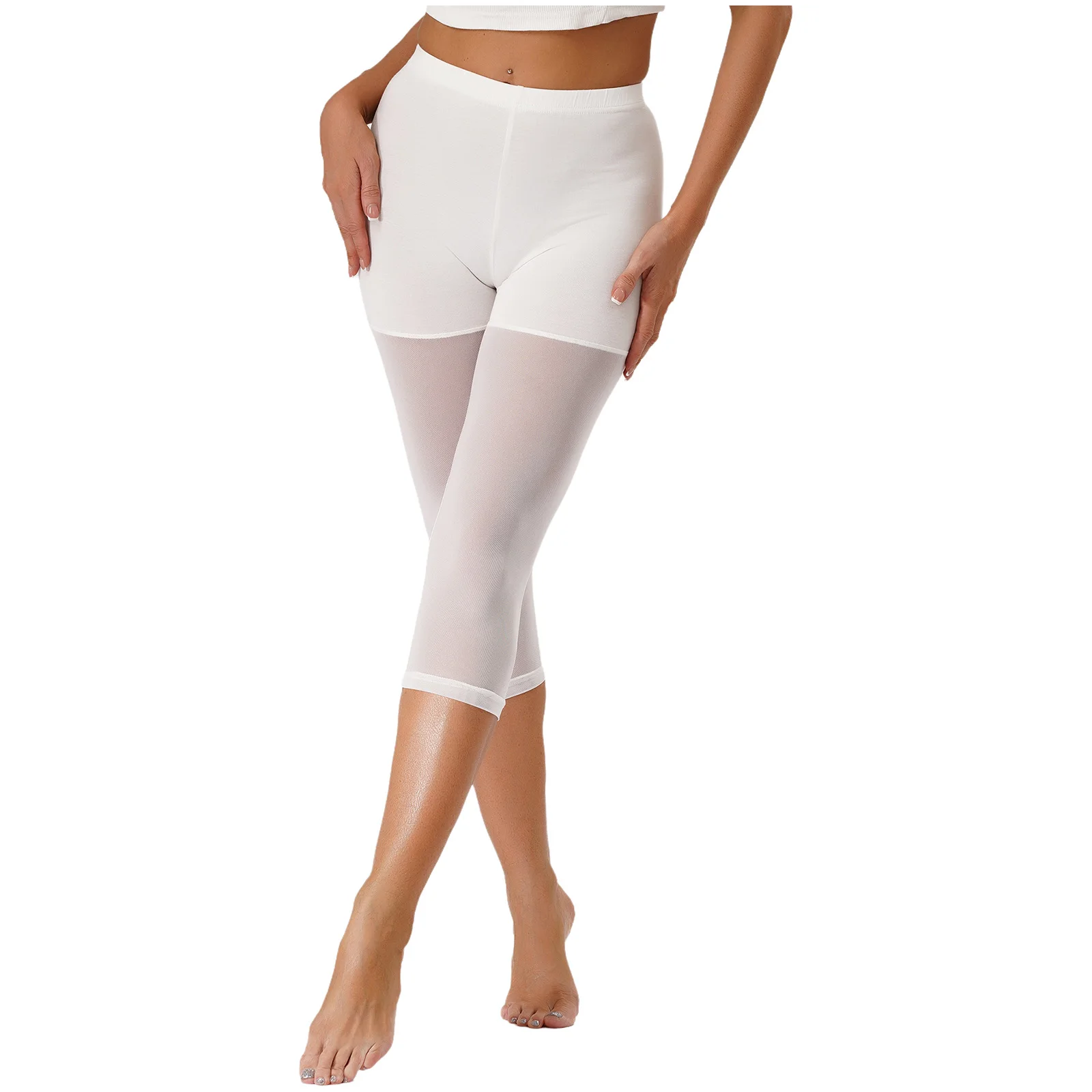 กางเกงเลกกิ้งผู้หญิงเอวยางยืดยาวระดับเข่า สีพื้น แต่งผ้าตาข่ายซีทรู ป้องกันการโป๊ะ สำหรับออกกำลังกาย โยคะ และเล่นกีฬา