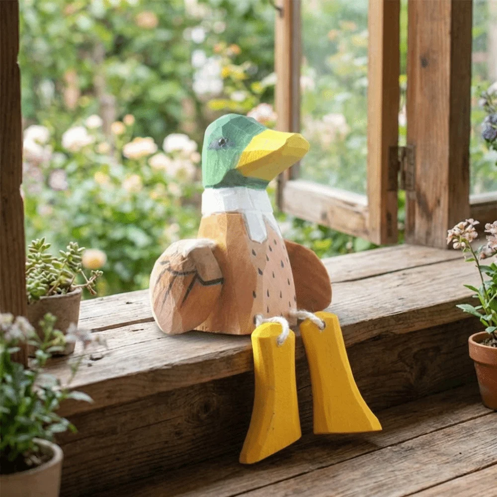 Funny Handmade Green-headed Duck Statue Mini Swinging Feet Wooden Duck Figure Cute Decorative Desktop Ornament Home Office Decor