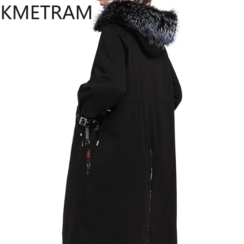 KMETRAM Real Rex Rabbit Fur Removable Lining with Fox Fur Collar Fur Coat Black Long Parka Woman Clothing 2025 Winter пальто