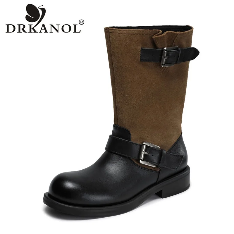 DRKANOL Autumn Winter Mid Calf Boots For Women Mixed Colors Genuine Leather Cow Suede Thick Heel Slip On Western Knight Boots