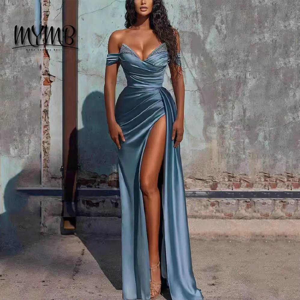 

MYMB Design Modest on Off Shoulder Split Long Prom Dress Floor Length Satin Mermaid Gown 2024 Bridesmaid Dress for Women AM22201