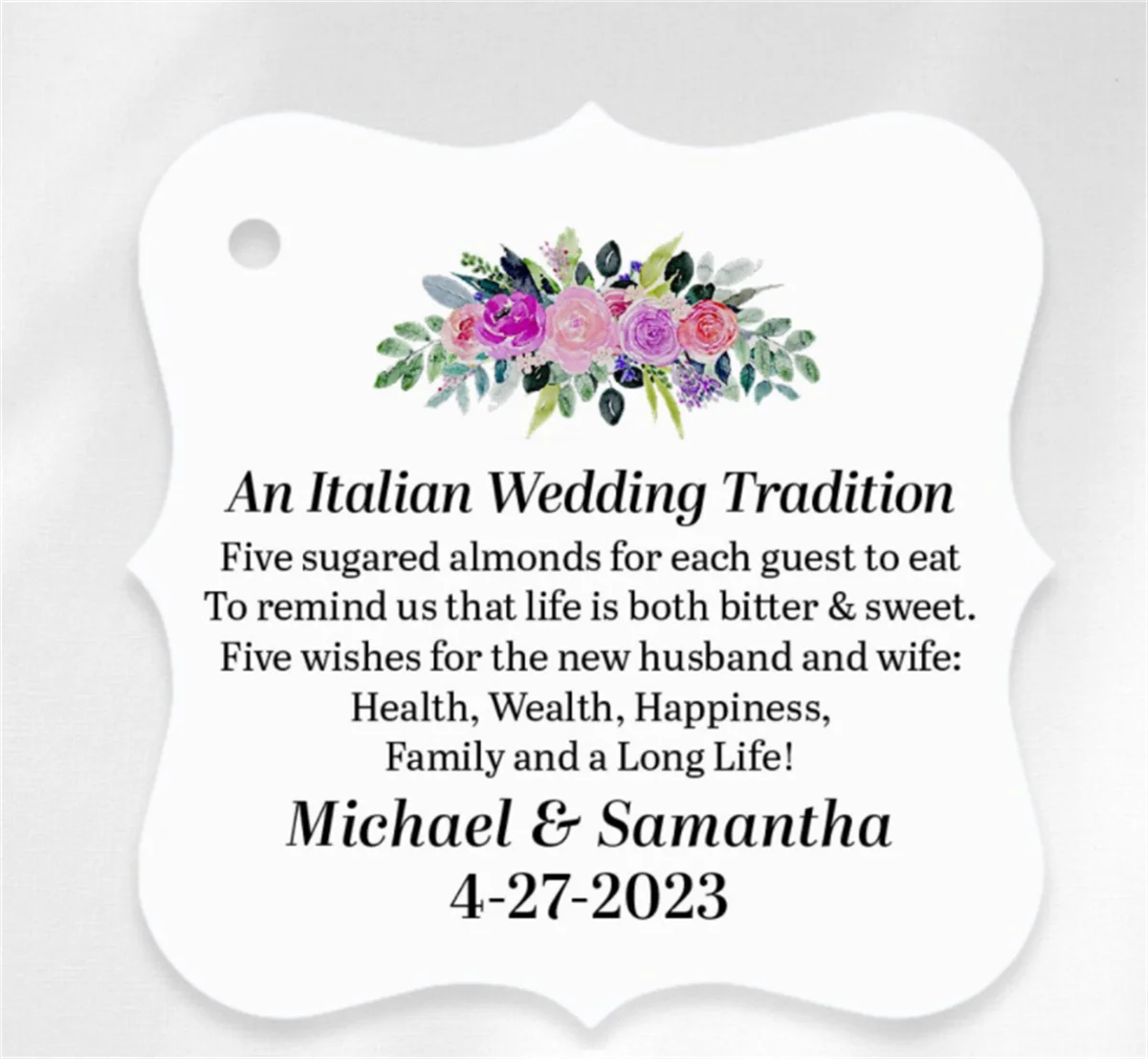 50pcs Italian Wedding Tradition Tags, Jordan Almond Tags, Five Wishes for the New Husband & Wife, Personalized Floral Wedding Ta