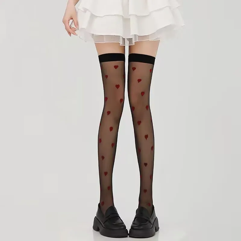 Lolita weiße ästhetische Overknee-Mädchen-JK-Socken – Kawaii rotes Herz bestickte Oberschenkelstrümpfe für Frauen, süße Strumpfhosen