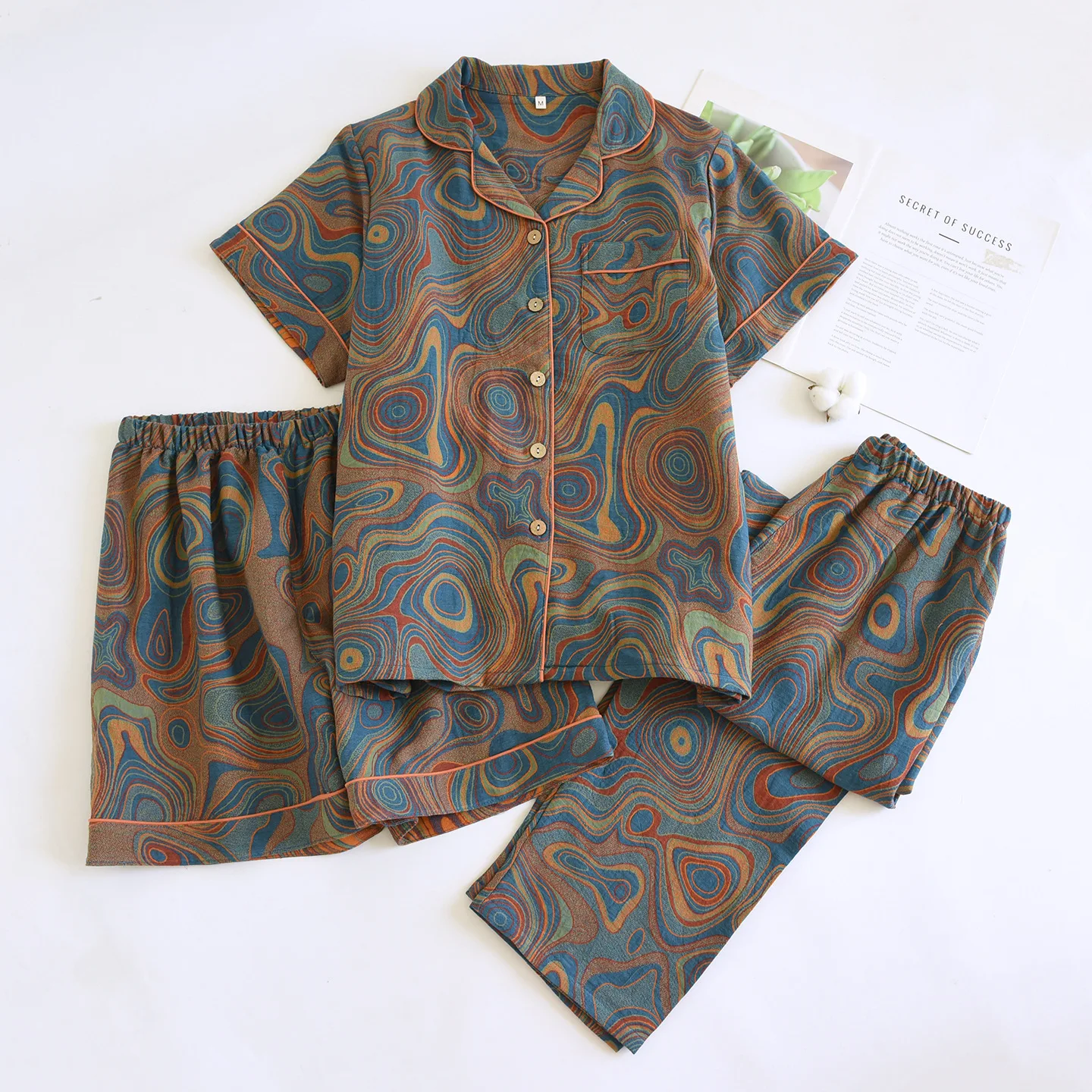 

Хлопковый женский пижамный костюм из трех предметов, брюки с короткими рукавами и лацканами, шорты, комплект домашней одежды, пижама, женская домашняя одежда, пижамы