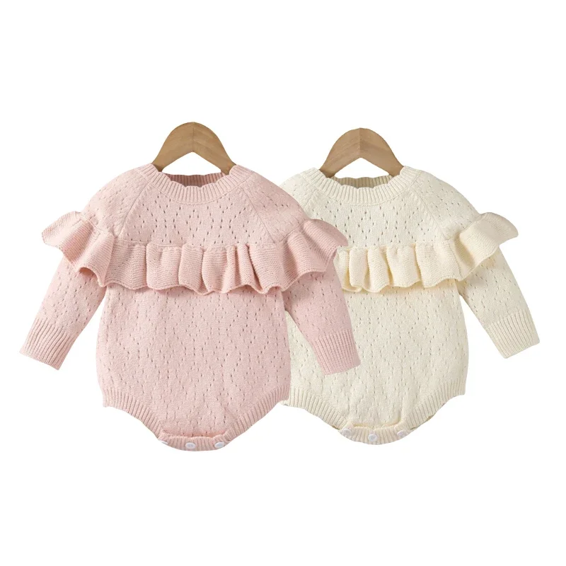 Baby Girl Knitted Onesie Ruffle Hollow Out Long Sleeve Romper Autumn Winter Soft Jumpsuit Newborn Infant 0-2Y Baby Jumpsuits