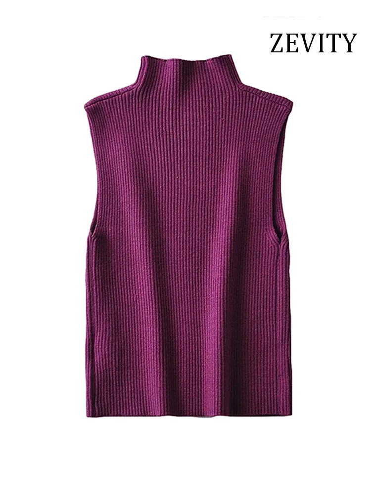 ZEVITY Women Fashion Fitted Basic Ribbed Knit Tank Tops Vintage High Neck Sleeveless Female Camis Chic Vest Top Mujer LS5257