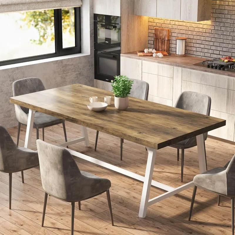 Dining Table for 8 People, 70.87-inch Rectangular Wood Kitchen Table with Strong Metal Frame, Vintage Large Long Dining Room