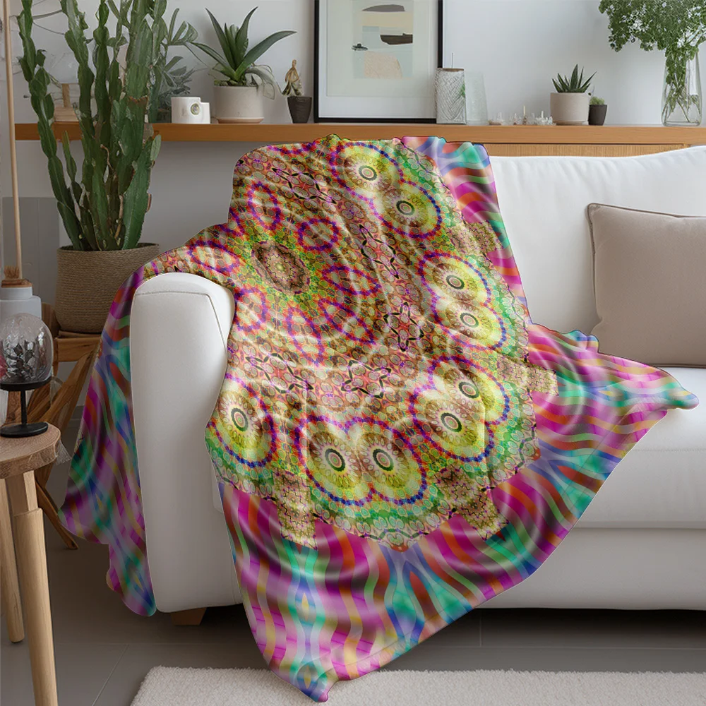 Psychedelic Kaleidoscope Floral Pattern Vibrant Colorful Throw Blanket Bedspread Sofa Cover Decorative Cushion Gift