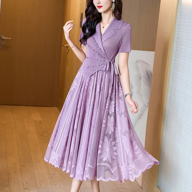 Female Green Print Patchwork Midi Pleated Dress Summer Short Sleeve V-Neck Elegant Dress 2024 Black Korean Vintage  Dress