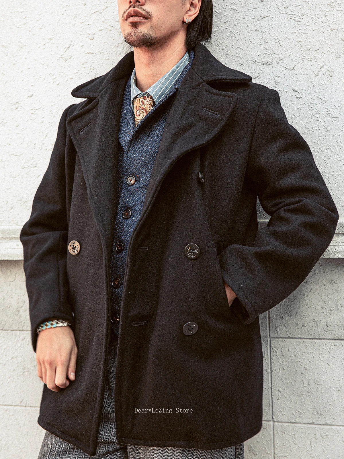 Red Tornado Men's Double Breasted Pea Coat Short Trench Coat