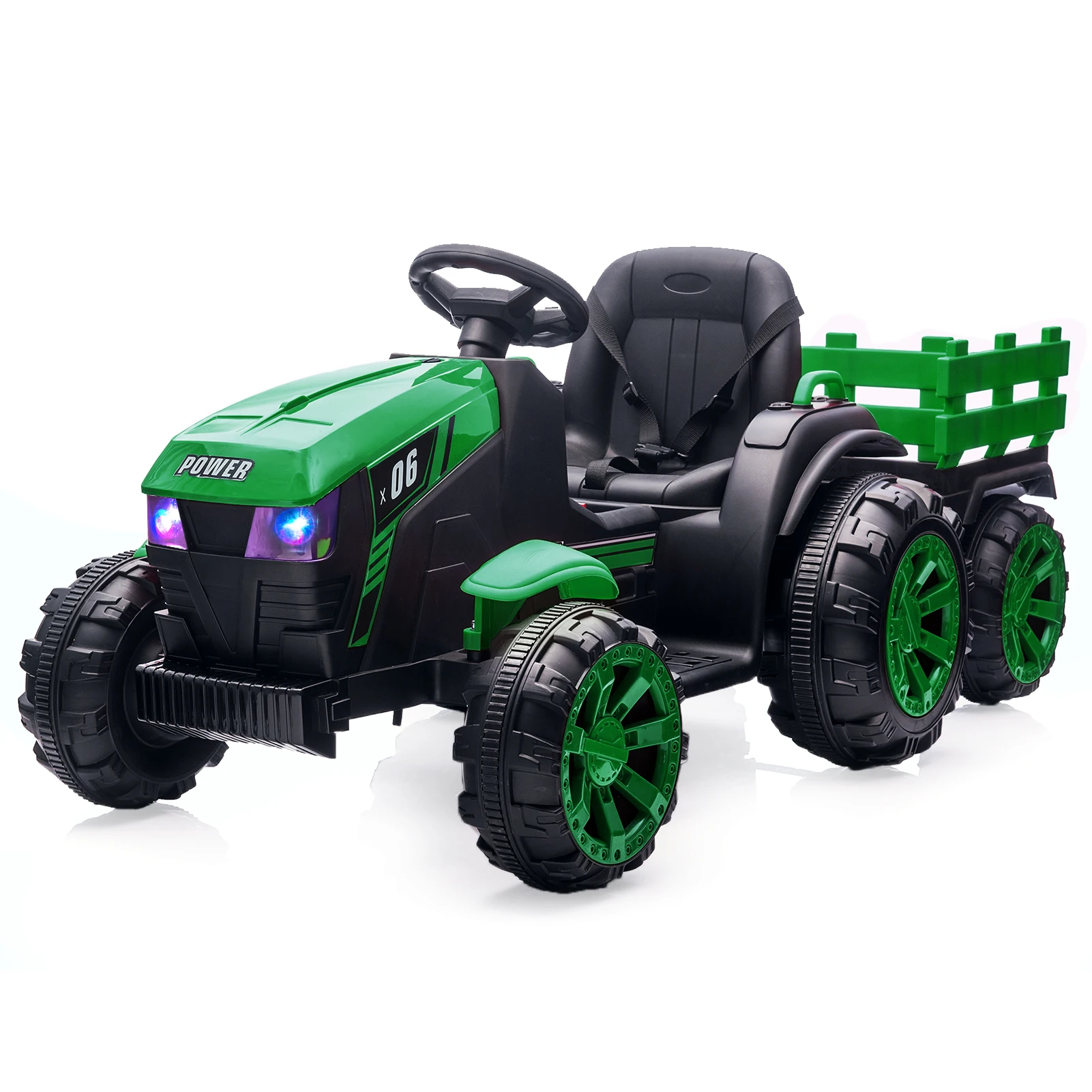 Kids Ride On Tractor with Trailer 12V Battery Powered Electric Kids Car Vehicle Toys with Dual Motors Remote Control LED Lights