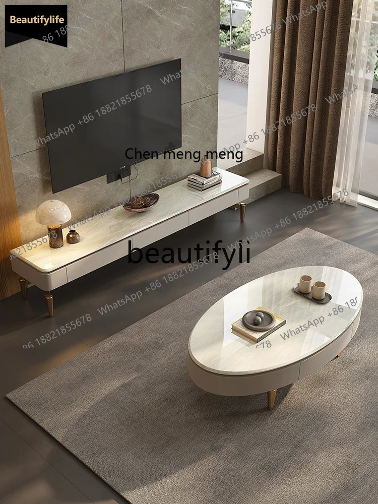 GG Mueble de TV de lujo ligero de estilo italiano, mesa de centro de mármol con diamantes de platino Natural, mueble de TV