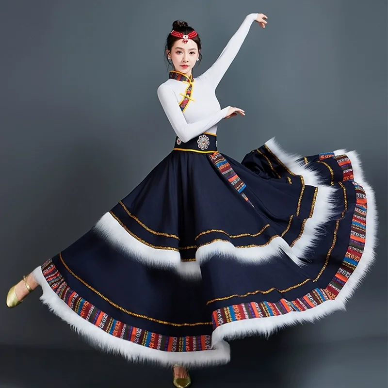 Strój do tańca tybetańskiego, dwuwarstwowa duża spódnica, chiński styl, etniczny strój do ćwiczeń tańca mongolskiego.
