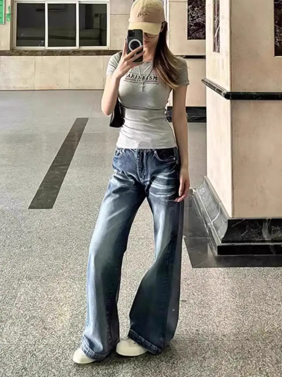 

Джинсы Bootcut, японские женские литературные швейеры с узлом, разноцветные, BF, для фитнеса, украшенные гладкими, изношеные шоу, металлический друг