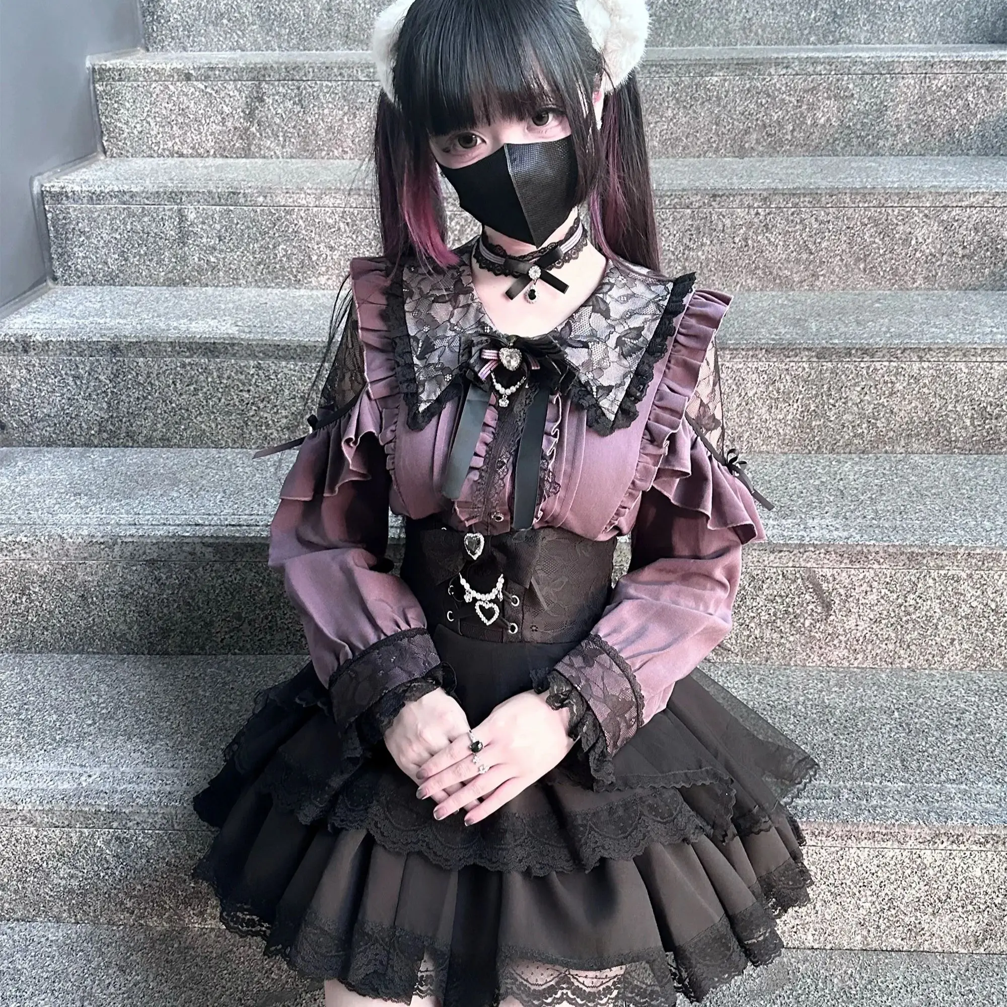 Jirai kei Shirt JK Skirt Lolita Y2K Sweet Japanese Style Purple Long-Sleeve School Uniform Blouse High-Waisted Darkness Outfit