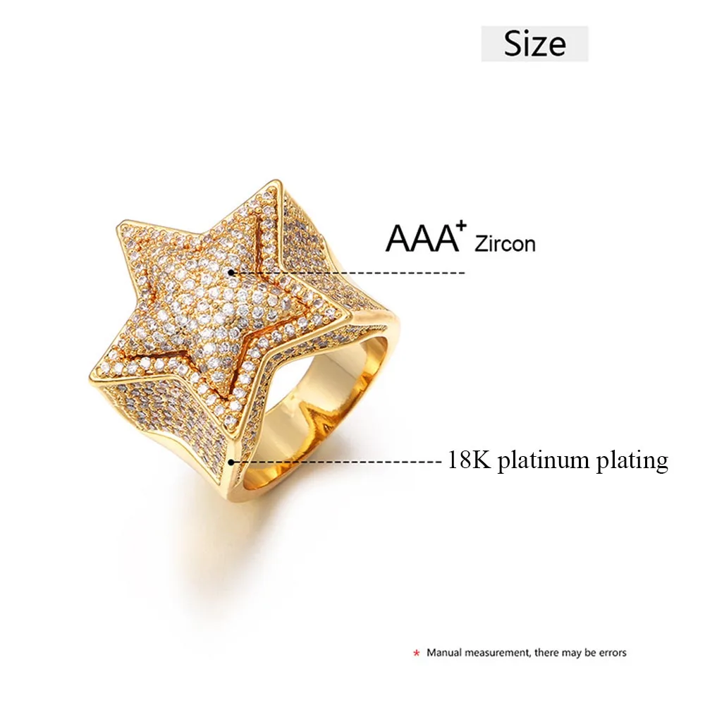 Hip Hop Star Rings for Men Women Diamond Cuban Ring Rapper Party 18K Gold Plated Fine Jewelry Gifts for Men Gilrs Boys Friends