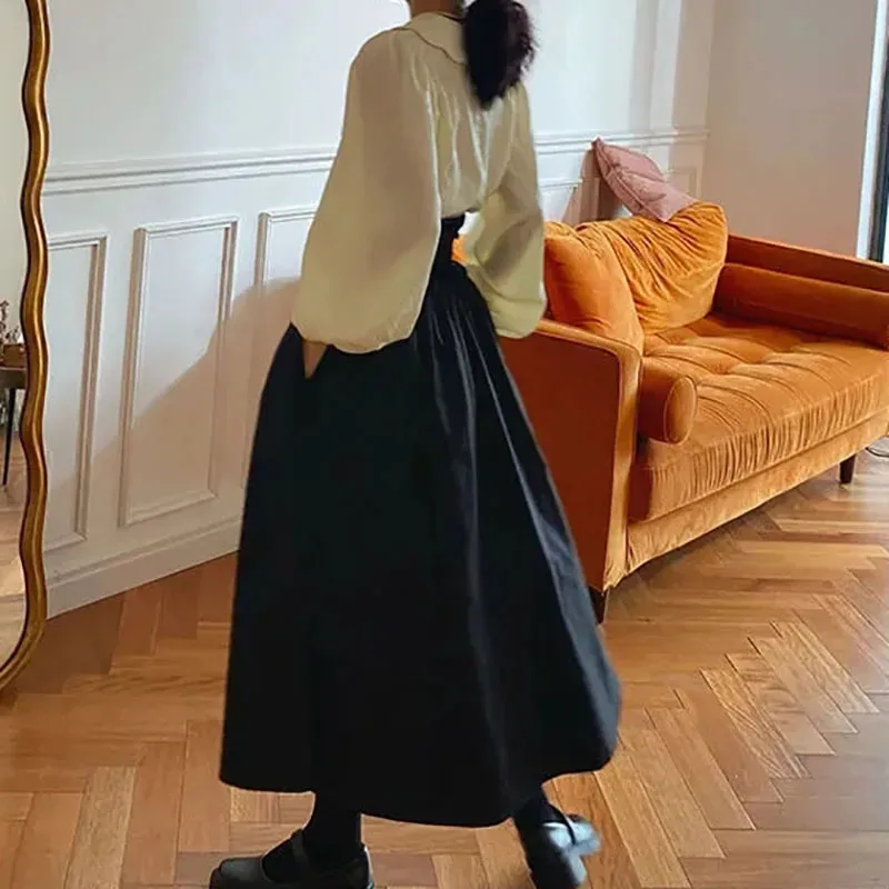 GIDYQ Vintage High Waist Drawstring Fluffy Skirt Women French Elegant Solid A Line Skirts Harajuku Retro Mid Length Skirt Autumn