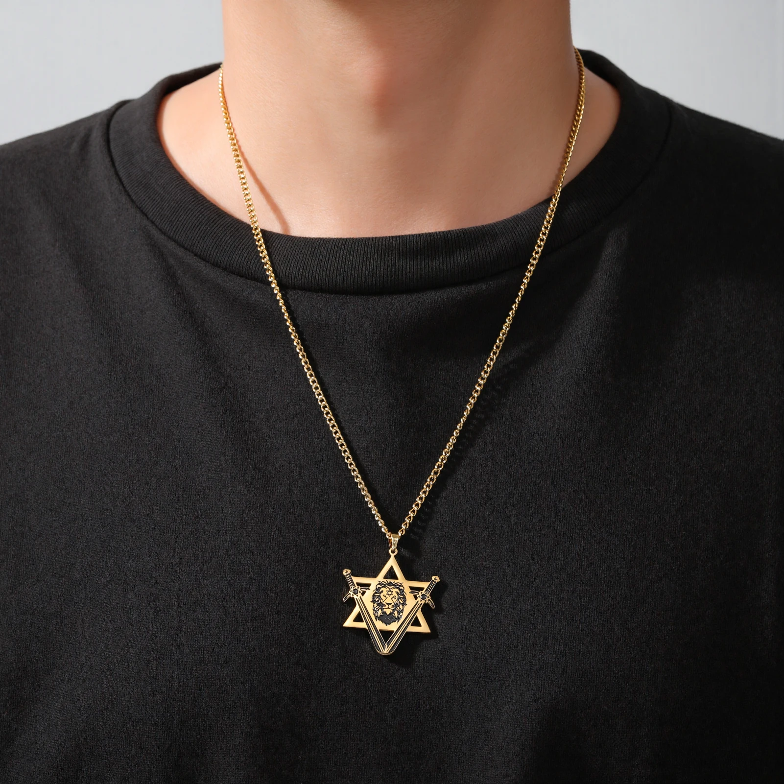Punk Star Of David Lion Head Pendant Necklaces Women Men Stainless Steel Gold Plated Chains Amulet Jewelry Party Couple Gifts