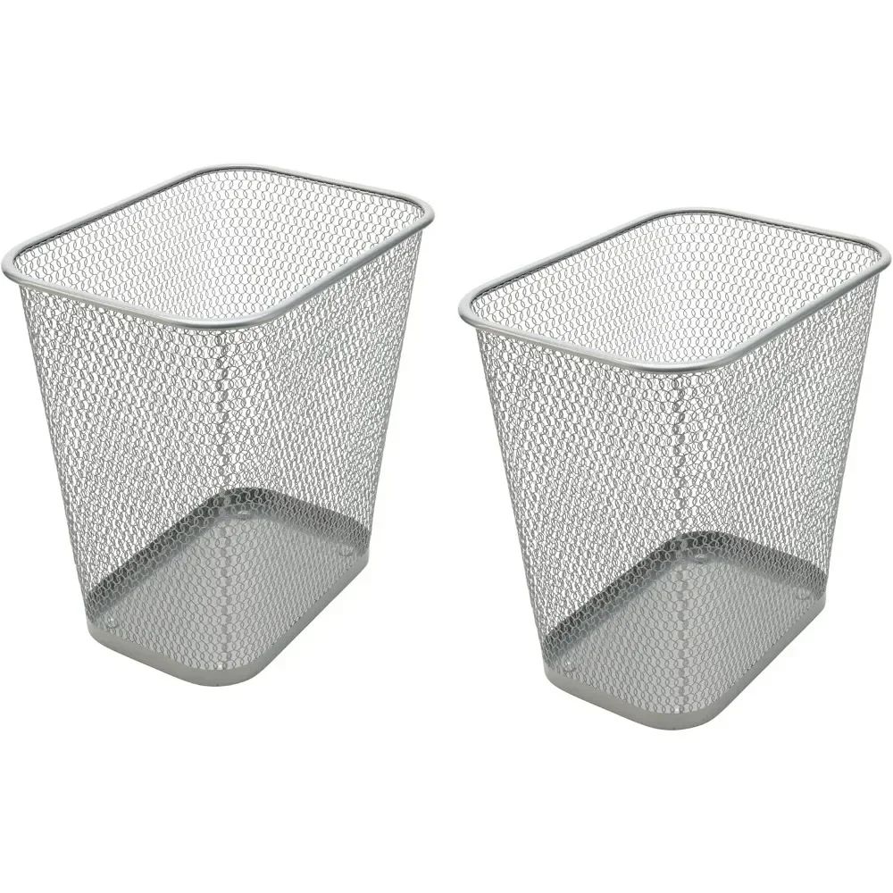 Mesh Wastebasket Trash Can for Home and Office Workspace, Metal Office Trash Can Rectangular-Shaped, 3.5 Gallon (2 Pack Silver