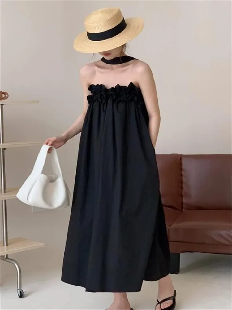 

2023 New Summer Vacation All Black Dress Sexy Slash Neck Halter Boho Beach Party Dress Sleeveless Seaside Loose Casual Dress