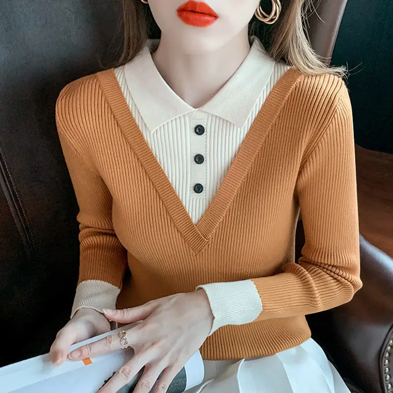 Sweet Lapel Button Spliced Fake Two Pieces Sweaters Women's Clothing 2023 Autumn Winter Loose Casual Pullovers All-match Tops