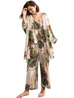 Women's 3 pcs Sleepwear Leaf Print Cami and Pants Pajama Set with Robe S-3XL