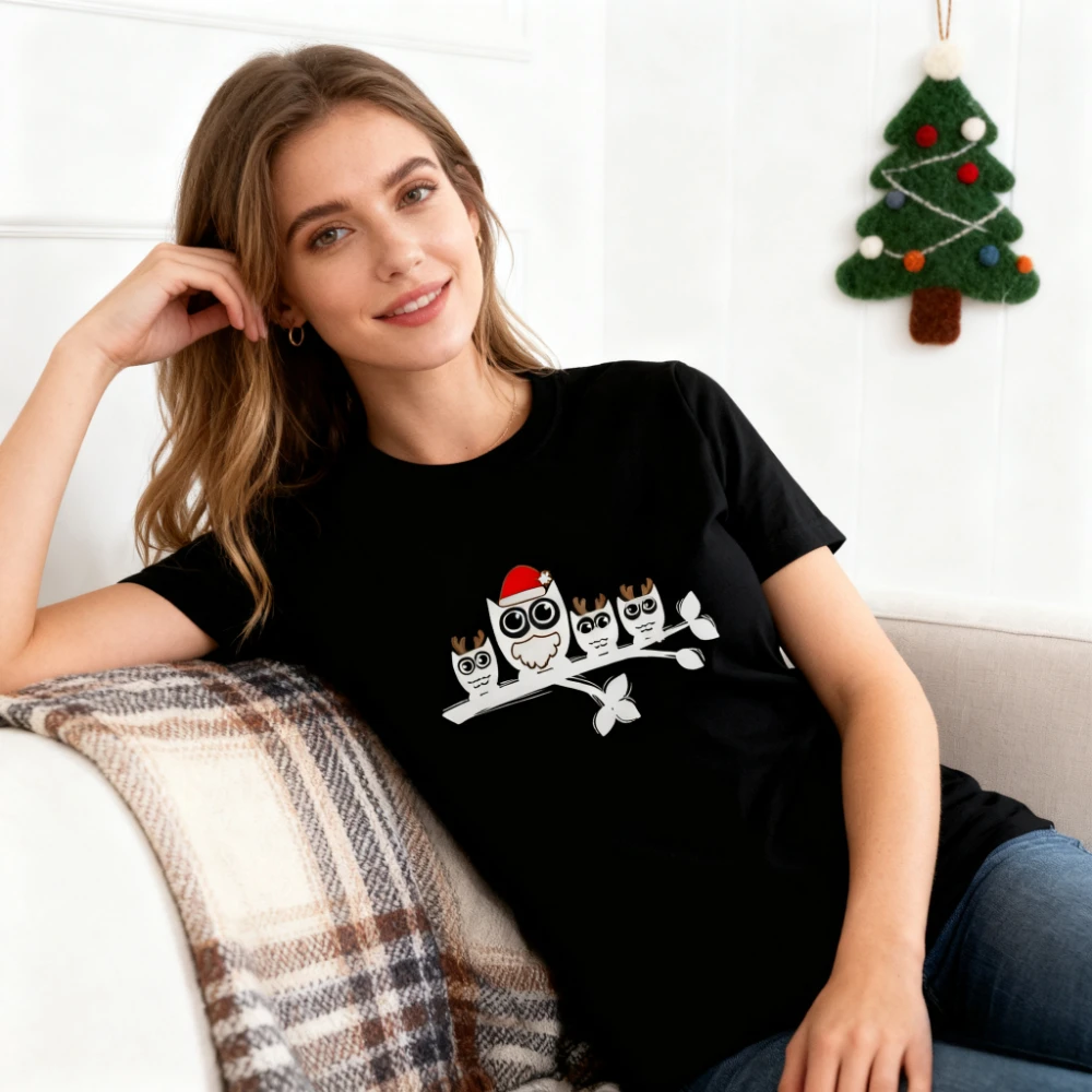 Simpatici gufi sul ramo T-shirt unisex Divertente pigiama natalizio Regalo Abbigliamento Vacanza Costumi casual Donna Vita quotidiana T-shirt in cotone