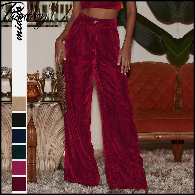 

Летние французские пригородные женские брюки, красные повседневные свободные брюки с широкими штанинами и карманами, золотые бархатные драпированные брюки для женщин