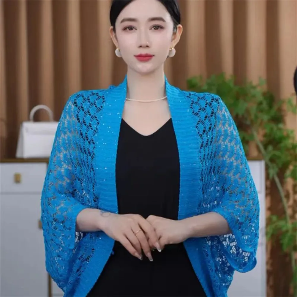 

Trendy Hollow Ice Silk Shawl Luxury Elegant Thin Outerwear Coat Simple Long Sleeve Smock Top