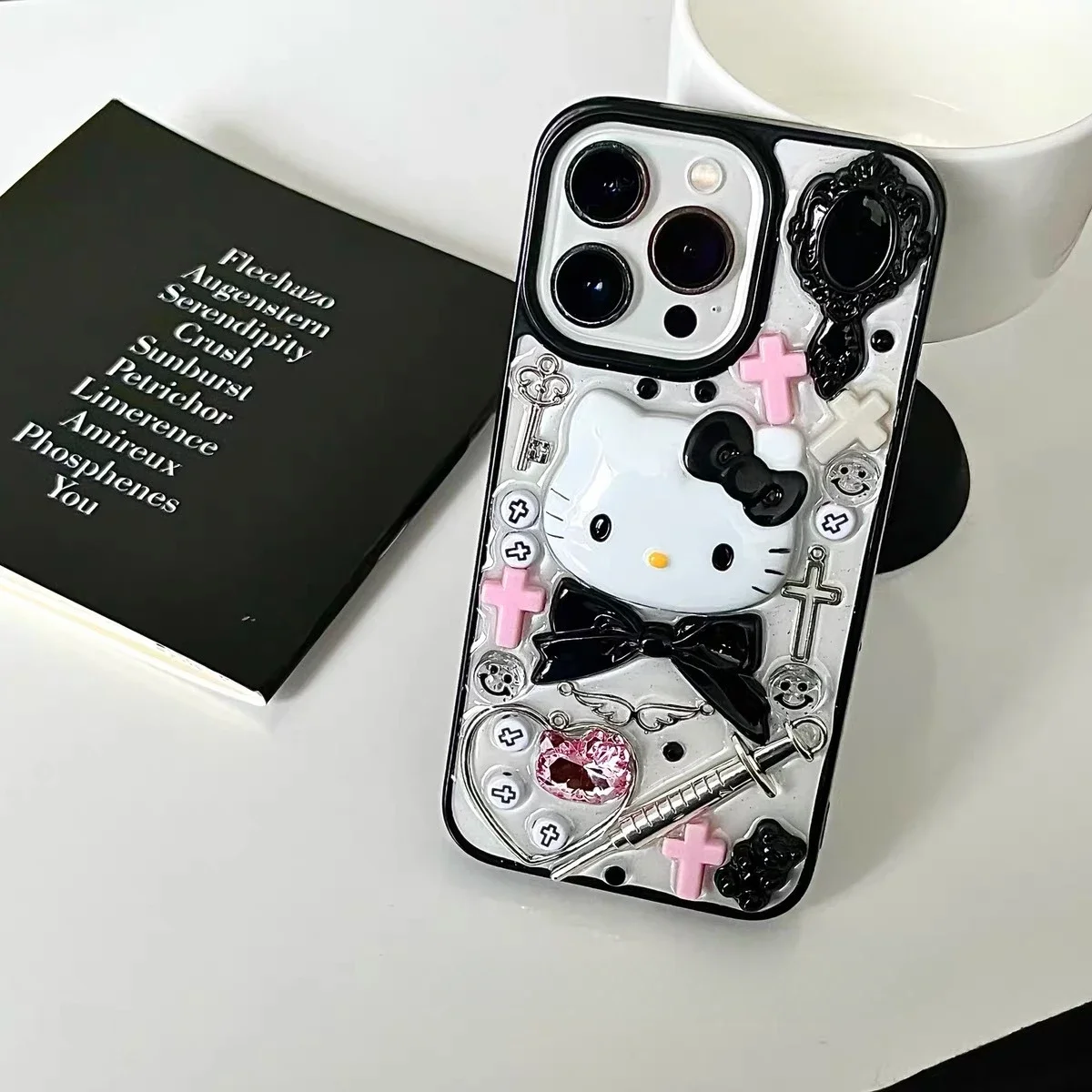 حافظة هاتف هالو كيتي ثلاثية الأبعاد مصنوعة يدويًا، مناسبة لهاتف آيفون 12/13/14/15promax 15/14/13/12pro