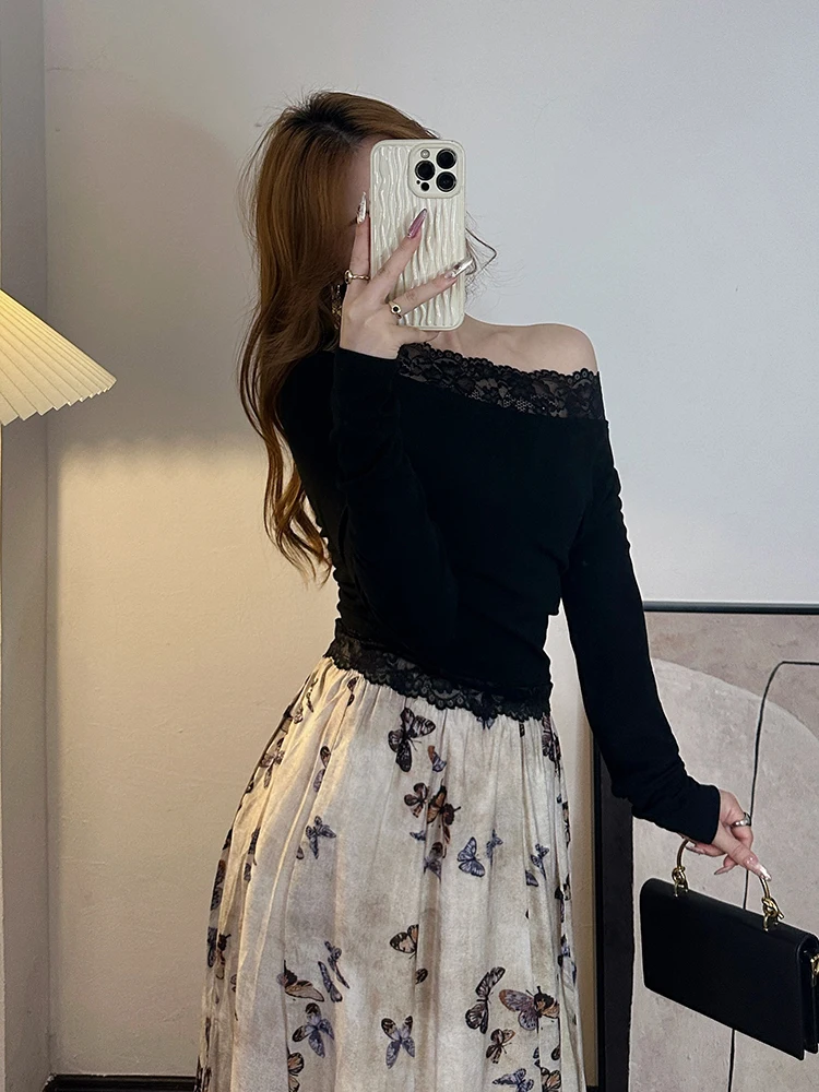 

Bla Lace Trim Long Sve Slim Fit oulder Bared T irt Women's Sle Sexy Commute Faion Base irt Spring Season