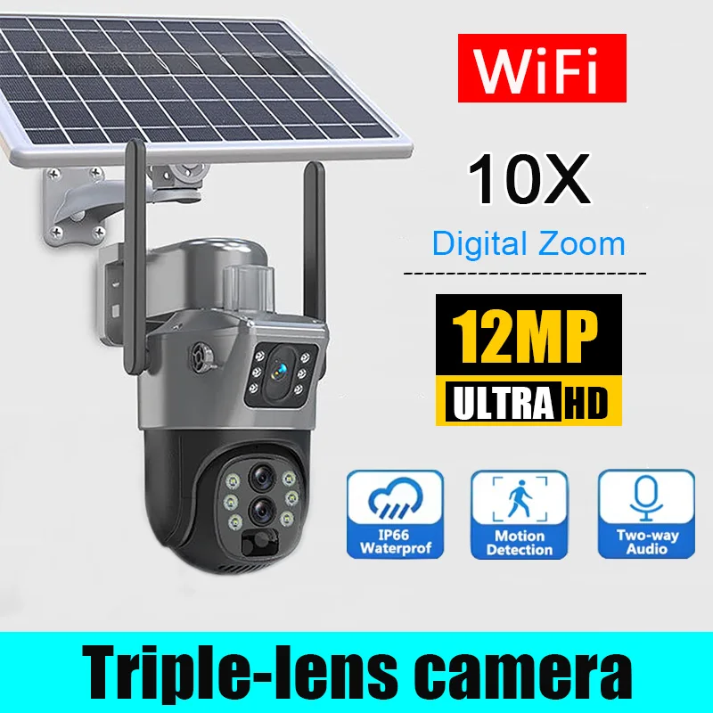 

10x Zoom WiFi Solar Camera Outdoor WiFi 4G SIM 12MP Three Lens Night Vision IP Surveillance Cam Security Protection PTZ CCTV Cam