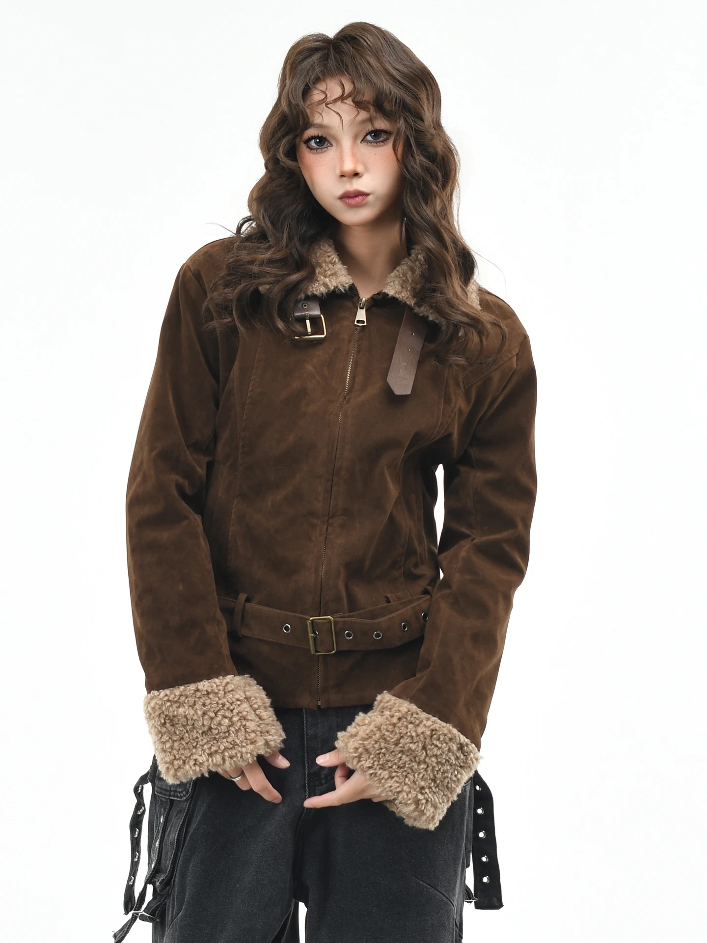 

OV Original American Retro Cotton Jaet Women's ort Slim Fit Design Warmth Velvet Collar Coat Winter Faion Outerwear