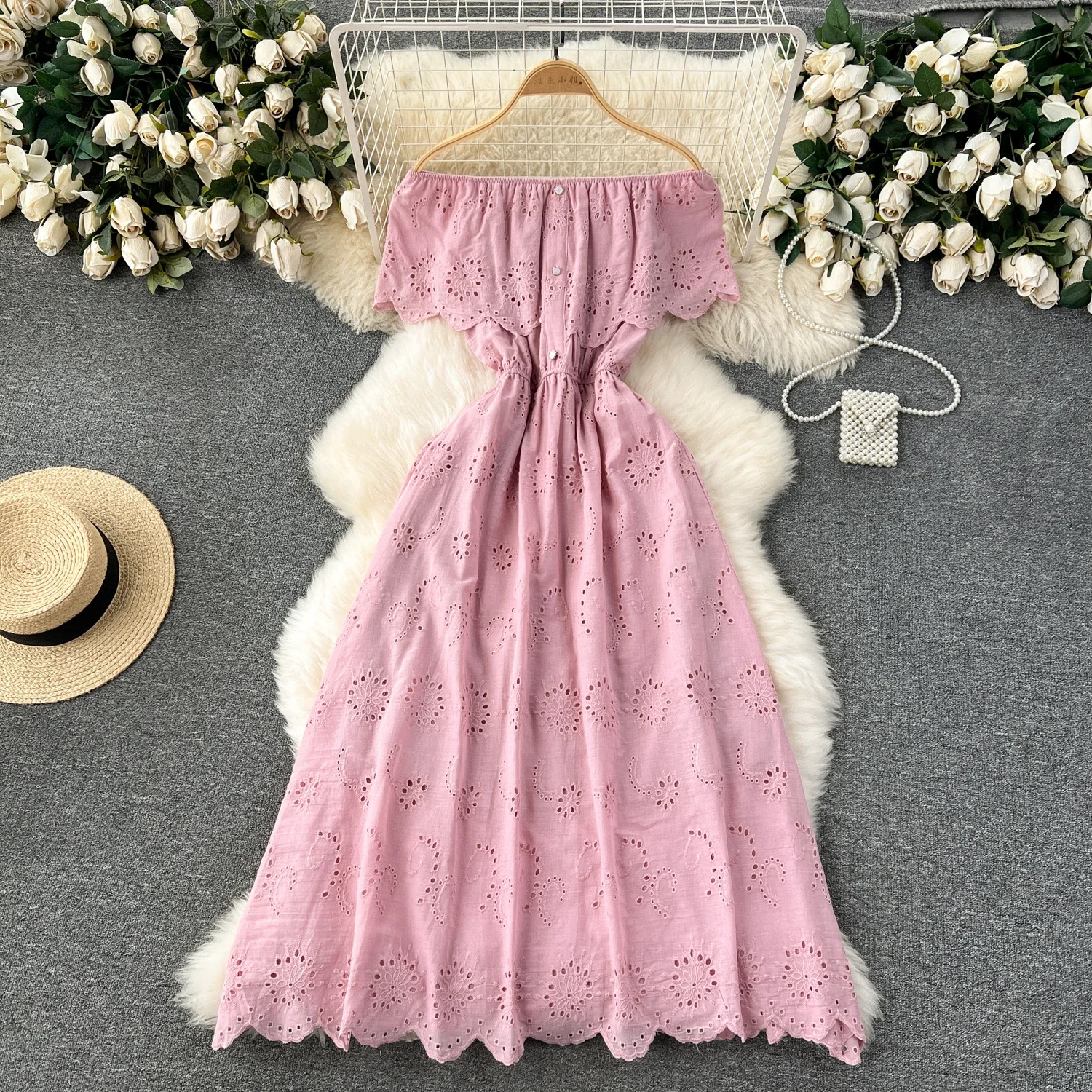 sweet Vintage cut out Embroidery Elegant cut out Dress Casual Women A-LINE  Fashion summer off shoulder dresses