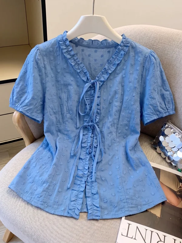 

Blue Lace Trim Shoulder Short Sleeve Women's Shirt Summer New plus Size White Enhancing Top Anti-Aging Korean Style Commute Wind