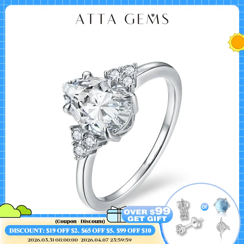 

ATTAGEMS New Solid S925 Sliver 2.0ct Moissanite Rings for Women D VVS1 Pear Shape Diamond Engagement Wedding Fine Jewelry Gift