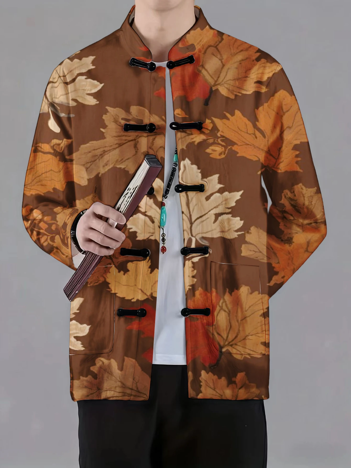 Men Men Mandarin Collar Frog Button Jacket Autumn Maple Foliage Art Print Traditional Outerwear - Aliexpress Deal