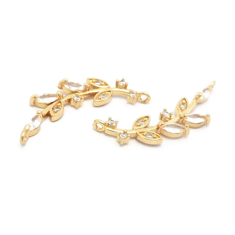 18K Gold Color Brass Zircon Charms, Tree Leaf, Leaves Connect, Pingentes, Fazer Jóias, Acessórios DIY, 2 Buracos, Alta Qualidade