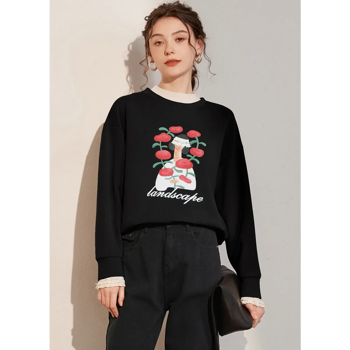 LOUIS YAO 2025 Autumn Round Neck Long Sleeve Spliced Lace Casual Fashion Micro Elastic Loose Printed Shoulder Women's Hoodie