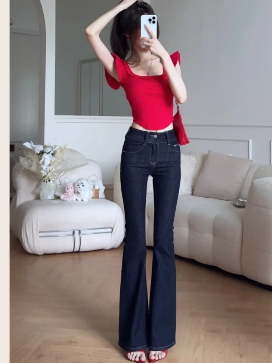 

American Sle Retro Deep Blue mid Low Waist Jeans 2024 New Slimming Faion Floor Length Micro Flared e Tube Pants