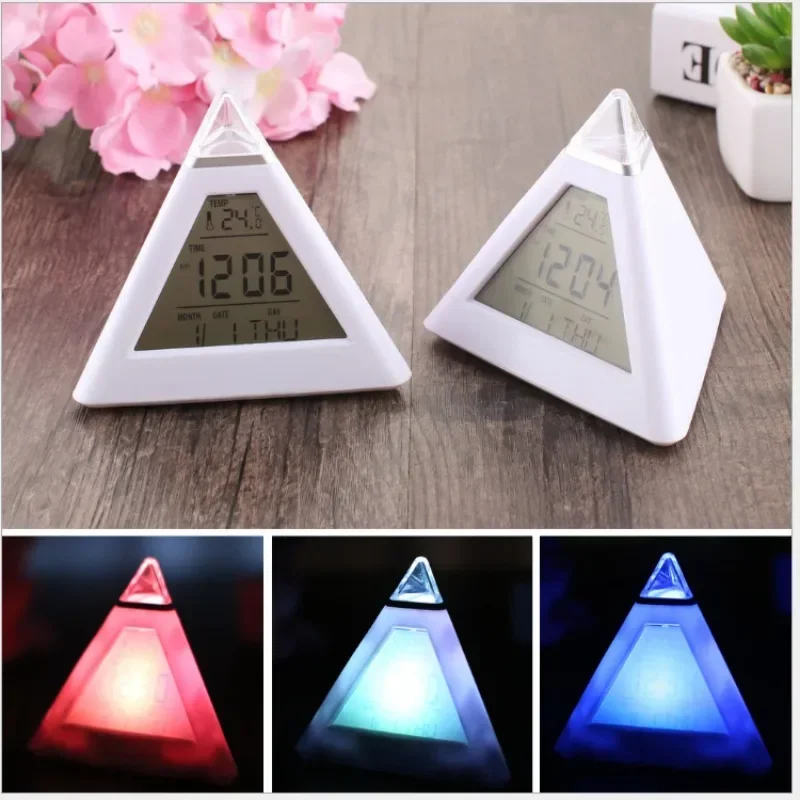 

7 Colors LED Alarm Clock Multifunction Temperature Snooze Digital Alarm Clock Creative Pyramid Shape home LED Alarm Clock