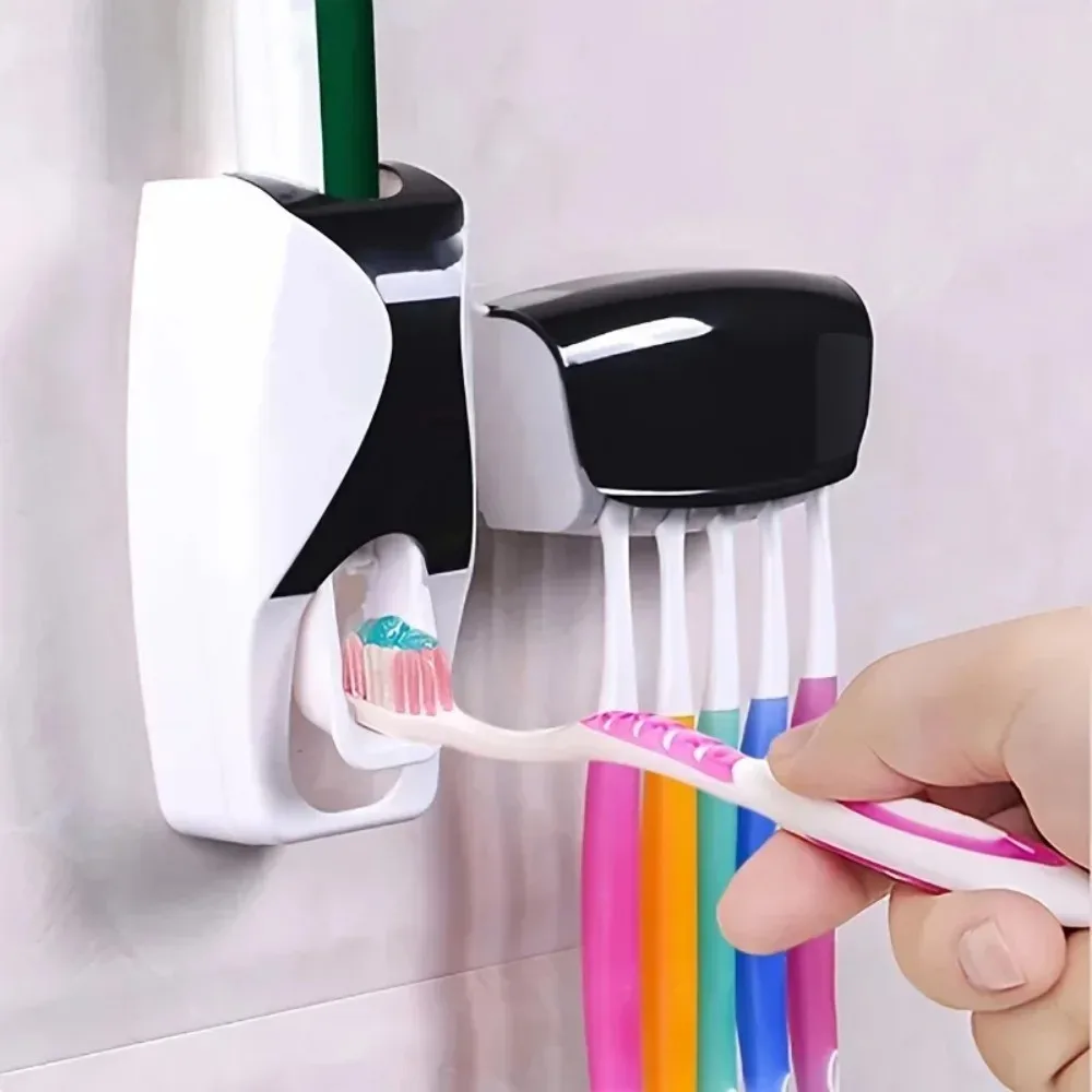 Auto Toothpaste Dispenser Toothbrush Holder Wall Mounted Bathroom Organizer Set with Squeezer Black Bath Accessories Ofertas
