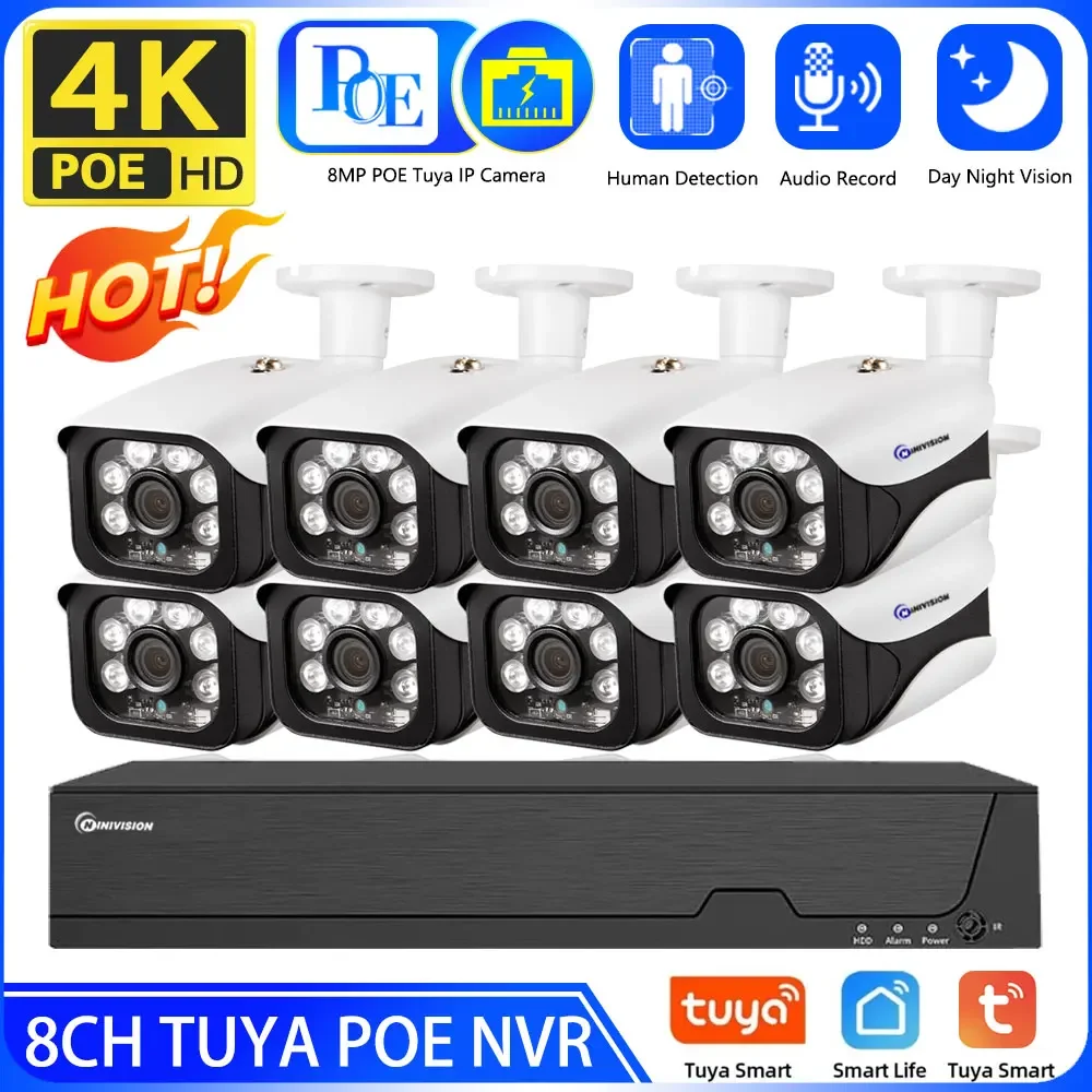 

4K 8MP TUYA Security Kit 8CH POE NVR Outdoor Audio Record Human Detection Bullet IP Camera Video Surveillance Smart Life System