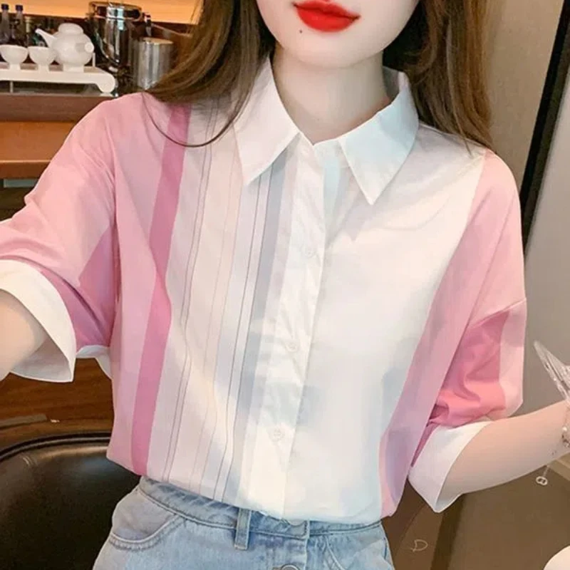 Fashion Korean Summer New Blouses Spliced Striped Loose All-match Casual Half Sleeve Polo Neck Single-breasted Women Shirts Tops