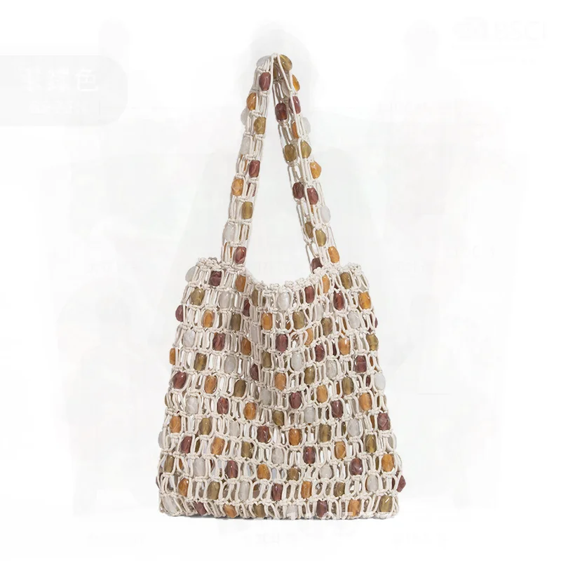 

2025 New Handmade Beaded Woven Tote Bag Off-White Contrasting Color Shoulder Handbag PU Material Small Size Trendy Cross-Border