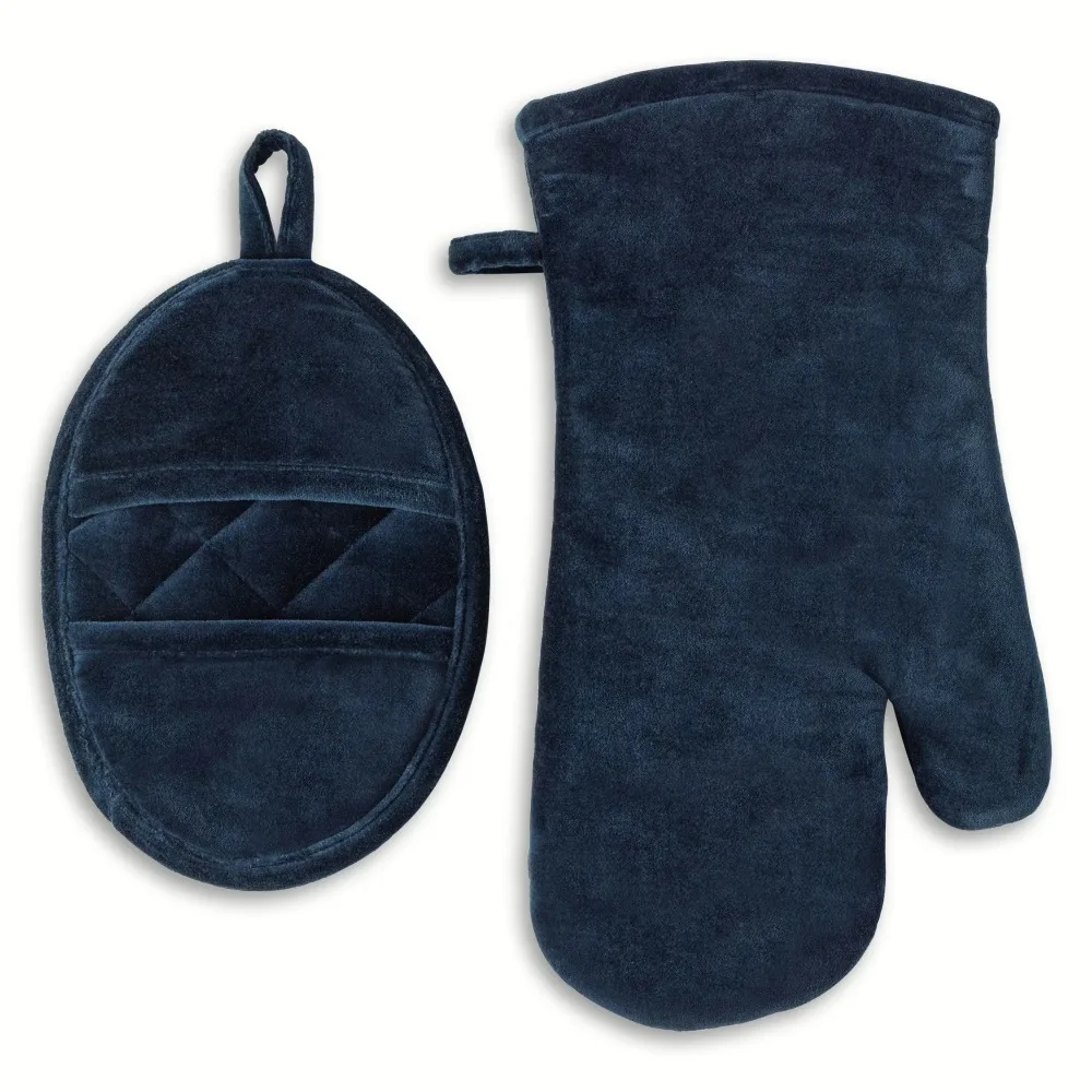 Velvet Blue 2-Piece Kitchen Oven Mitt and Pot Holder Set, Heat Resistant Up to 480°F, Extra Long 13 Inch Oven Mitt with Hanging Loop for Easy Storage, Premium Quilted Fabric for Maximum Protection, Ideal for Baking,