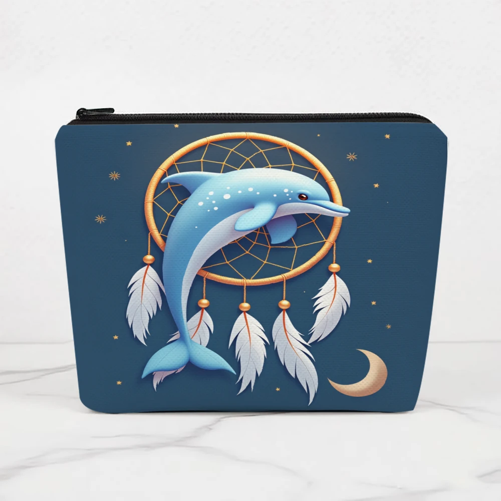 

Косметички с изображением дельфина, ловца снов, луны, звезд и перьев для девочек, косметичка, сумка для туалетных принадлежностей, пенал, сумка для хранения в путешествиях