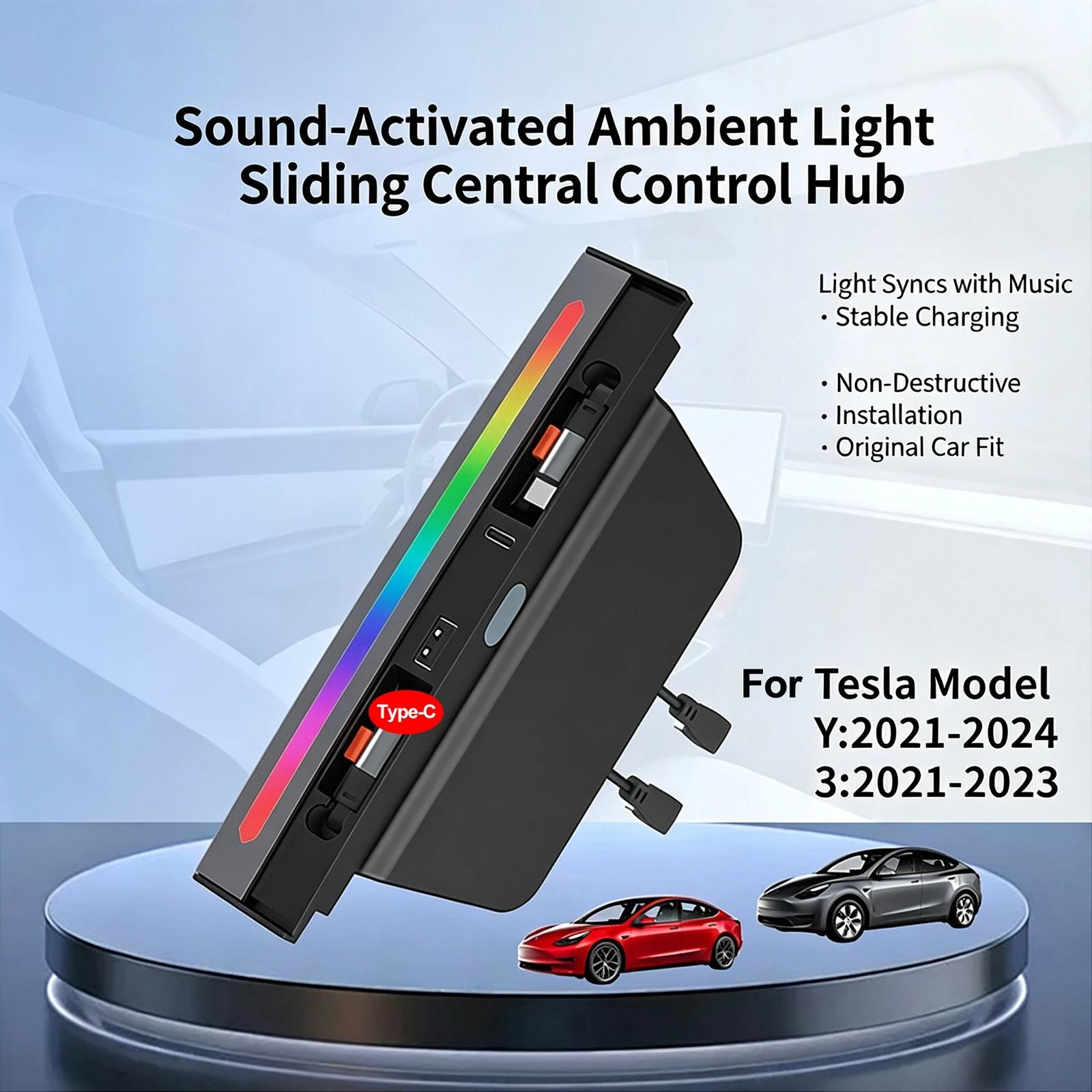 Central Control Expansion Dock for Tesla Model 3Y with Car-mounted Retractable Cable on-board Charger and Ambient Light Function