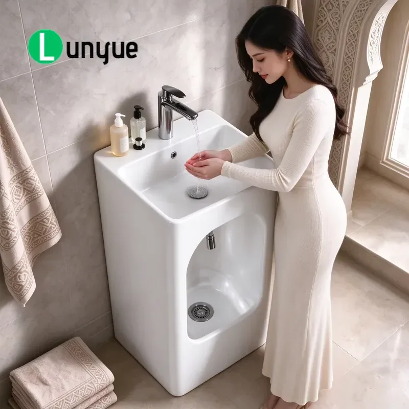 Modern Ceramic Column Water Basin Integrated Hand and Foot Washing Waterproof Eco Friendly Independent Sink for Balcony